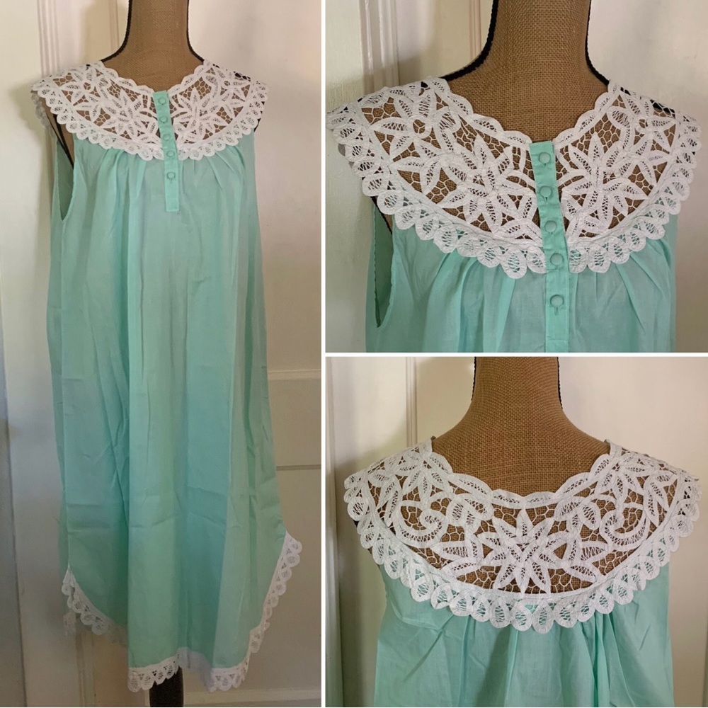 Vintage 1960's - 1970's Aqua Nightgown With Gorgeous Crochet Lace Trim By Rosie